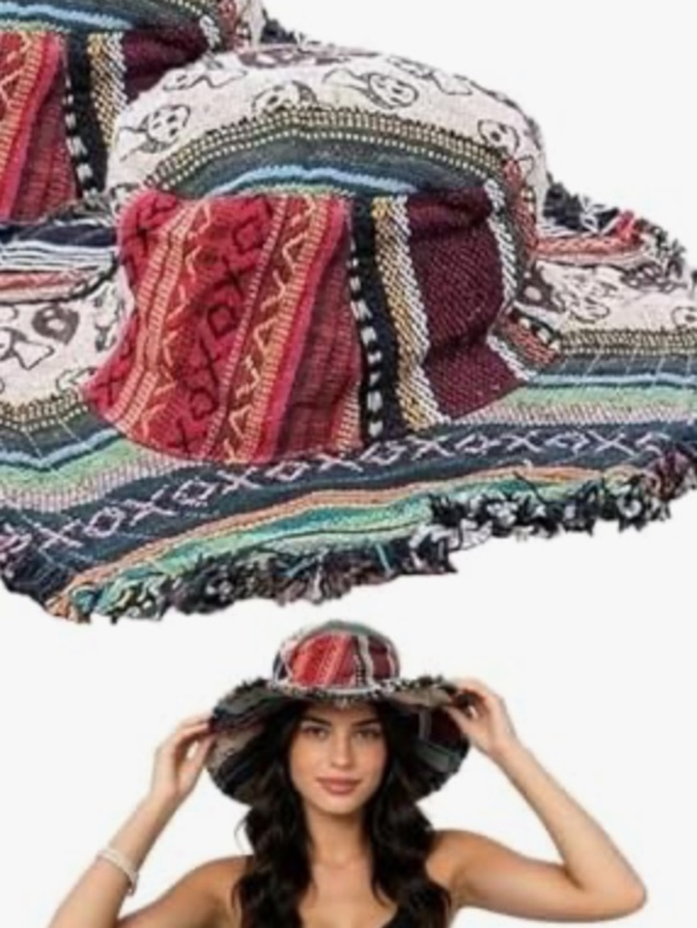 Boho Wide Brim Patchwork Sun Hat Bucket Cream Black Hippie Frayed